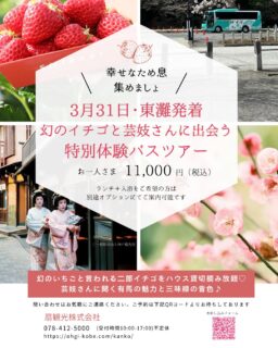 この春、物語の最初のページを一緒にめくってくださる方へ
扇観光初めてのバスツアー企画、詳細お待たせいたしました。

3月31日火曜日
東灘発着（岡本、住吉、六甲道駅あたりを想定）
23名限定の小さなバス旅。

幻の二郎いちご。
市場にほとんど出回らない味を
45分間、貸切で堪能します。
@shirakinoen 

そして、いちご狩りのあとは——

有馬芸妓さんがバスに同乗。
@arimageiko 

三味線の音色と
ここだけの有馬のお話を聞きながら
有馬温泉へ向かいます。
@arimaonsen_kobe 

観光、ではなく
“体験”になる一日。

現在2名さまにお申し込みいただいています❤︎

初めての主催ツアー。
だからこそ、丁寧に、大切にお連れしたいと思っています。

定員に達し次第締切となります。
ご友人やご家族とのご参加お待ちしております。

▼問い合わせ、お申し込みはDMより▼
